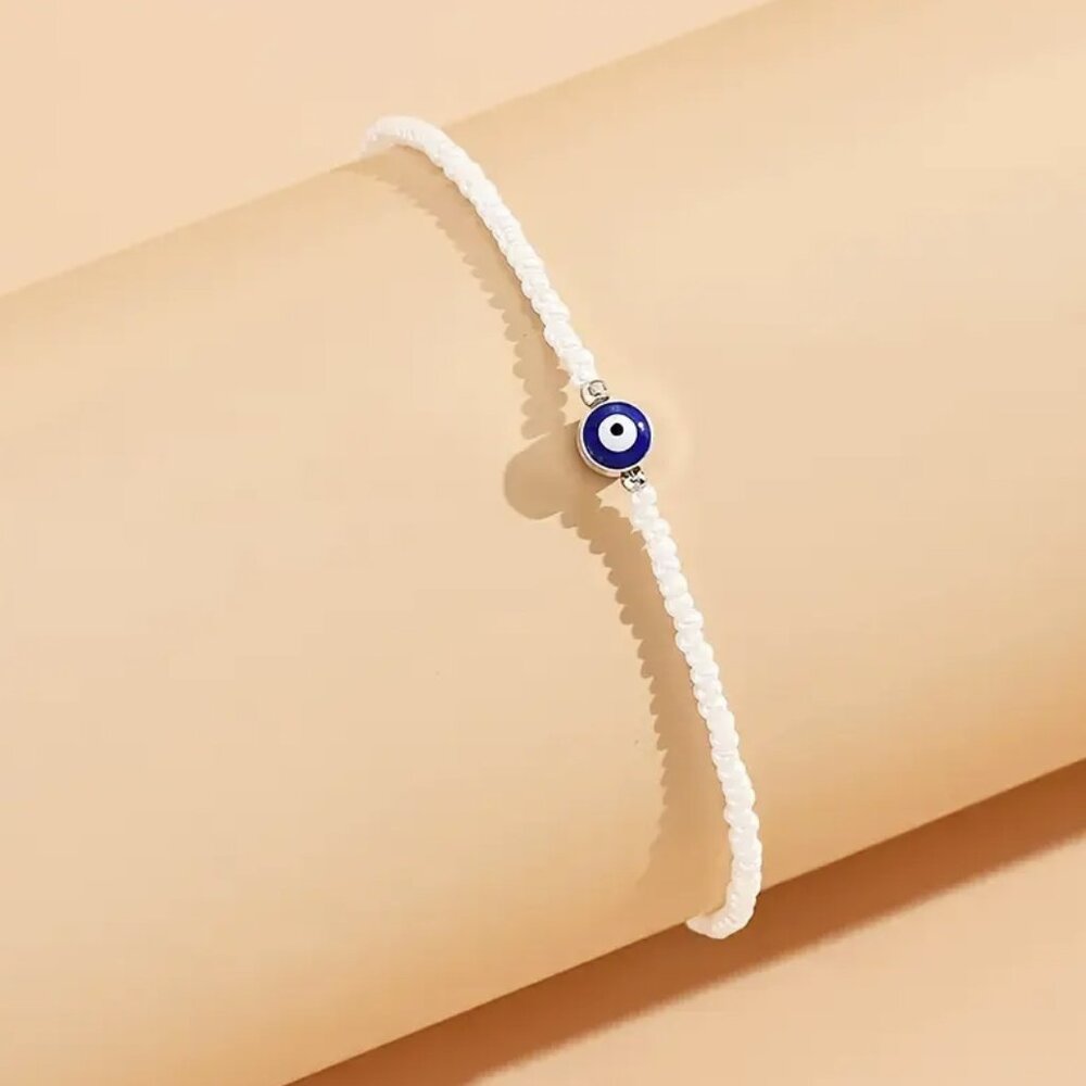 Evil Eye Spiritual Protection Minimalist White Beaded Bracelet NEW - Picture 1 of 7